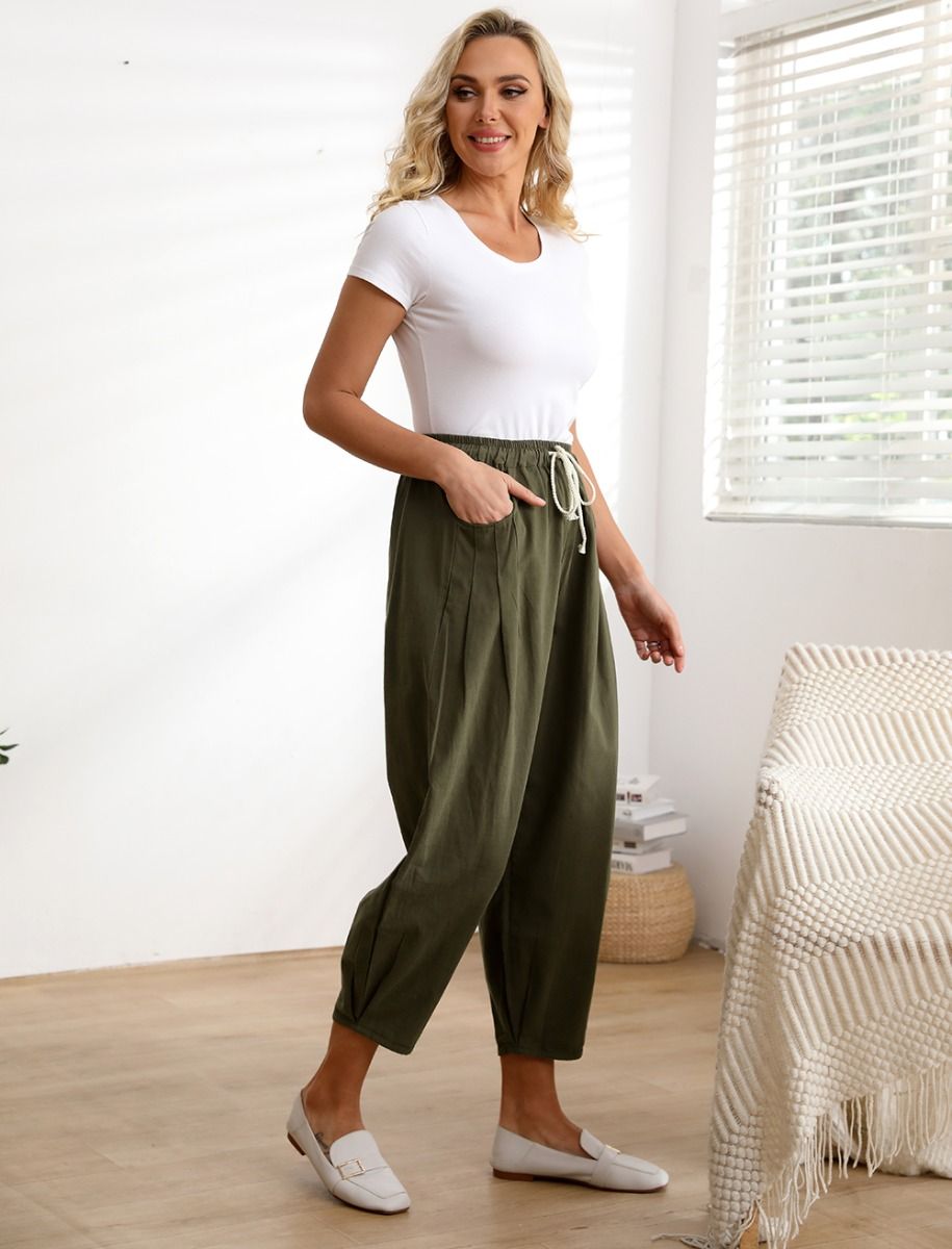 Women's Baggy Drawstring Pants Cotton Wide Leg Pants Casual Elastic Waist  Trousers