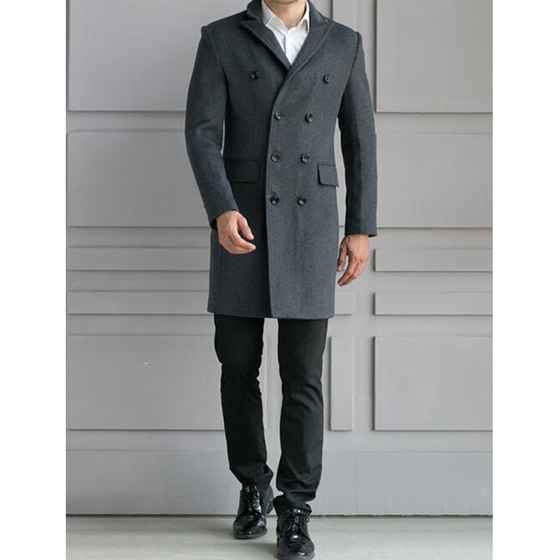 XQS Mens Double Breasted Woolen Notched Collar Overcoat