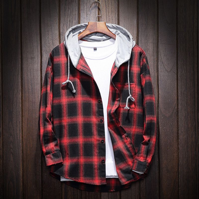 Men s Plaid Hooded Shirts Casual Lightweight Jackets
