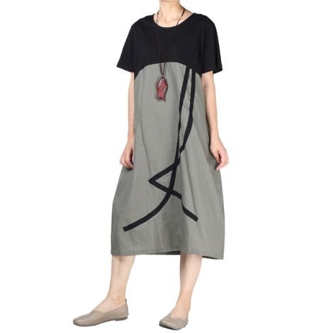 Color Block Cotton Linen T-Shirt Dress with Pockets