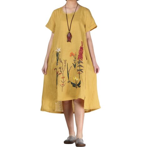 A-Line Embroidered Linen Dress Hi Low Tunic 