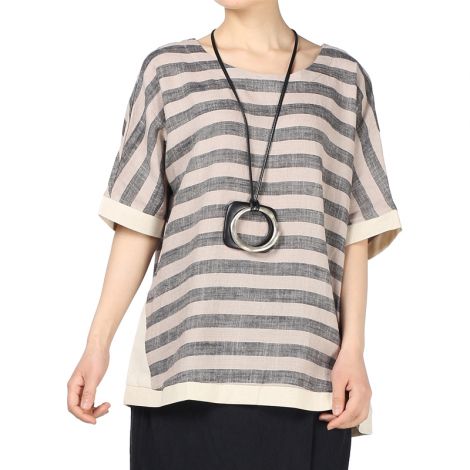 Linen Round Neck Wide Stripe Top