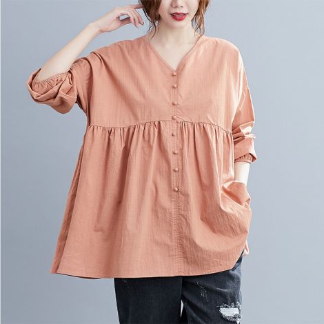 Spring and summer new long-sleeved age-defying patchwork V-neck pullover women's blouse