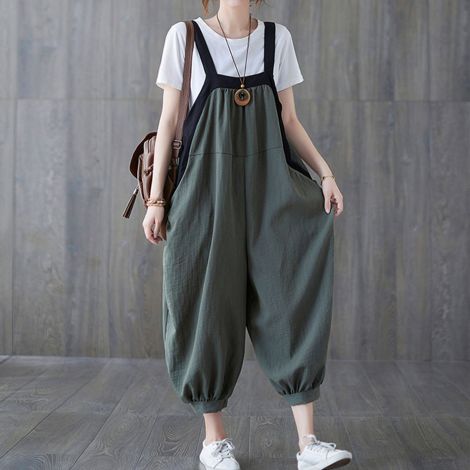 Casual Loose Bib Pants Baggy Oversize Linen Overalls Jumpsuit