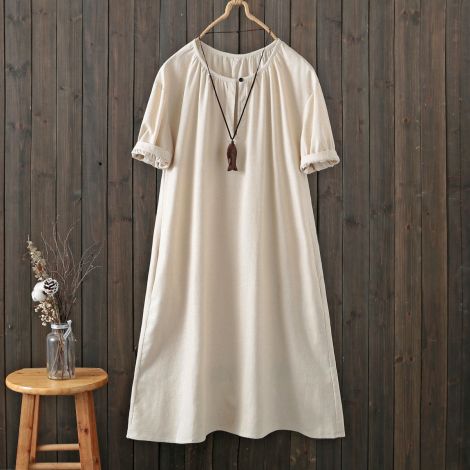 Cotton Linen Short Sleeve Summer Dress Irregular Hem