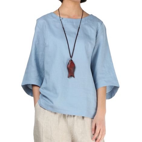 Round Neck Linen Blouse with Chinese Frog Button