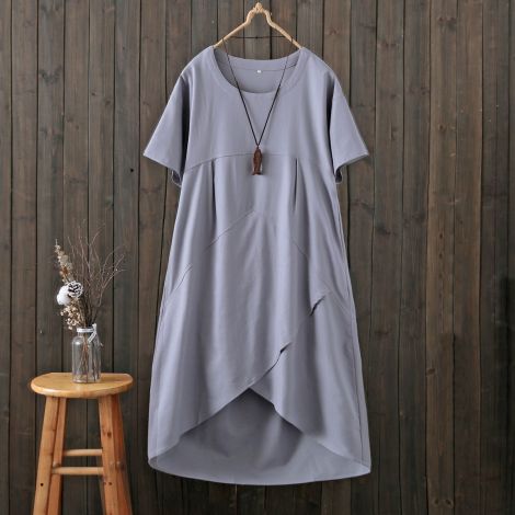 Cotton Linen Short Sleeve Summer Dress Irregular Hem