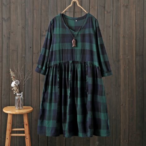 Women Plaid Long Sleeve Plus Size Dress