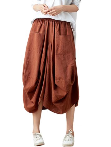 Elastic Baggy Midi Skirts With Two Pockets