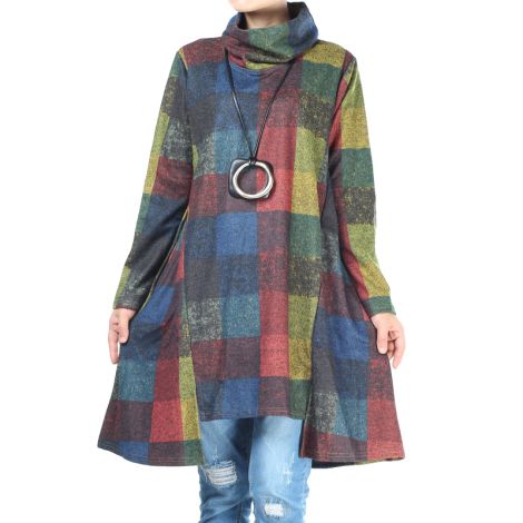 Checked Plaid Tunic Tops Turtleneck Shirt Dress 