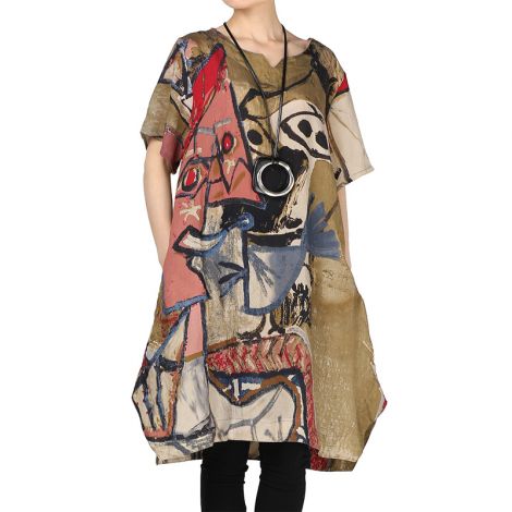 Abstract Printing Baggy Dress with Pockets