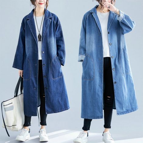  Autumn new large pocket denim shirt collar long jacket