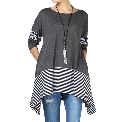 Women's Striped Asymmetric Tunic Swing Flowy Plain Top