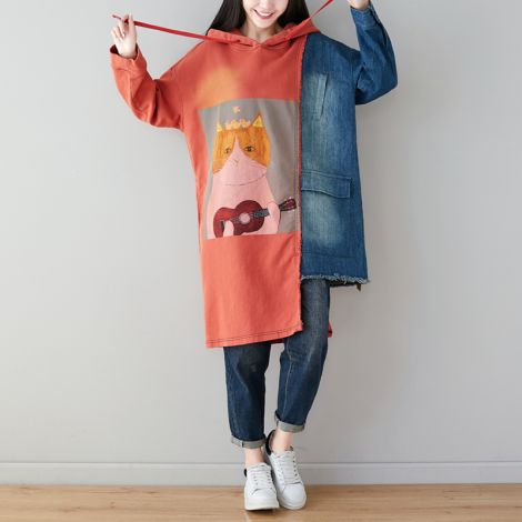 Women's Long Hoodie Printing Baggy Dress Tunic Jacquard Pullovers