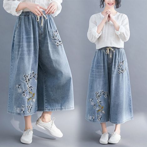 Summer new loose size embroidered wide leg trousers