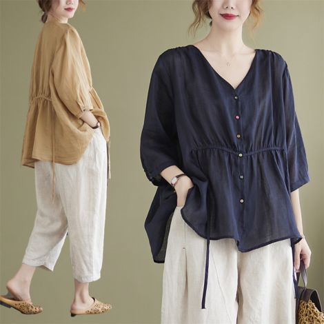 Spring and summer new literary simple cotton linen V-neck medium-sleeved shirt