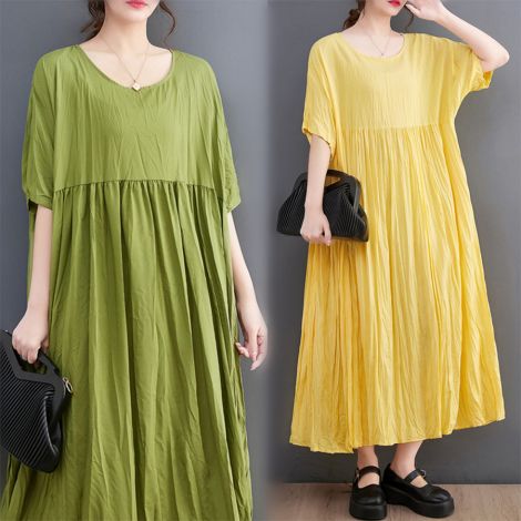 New summer cotton linen pleated mid-length loose dresses for women