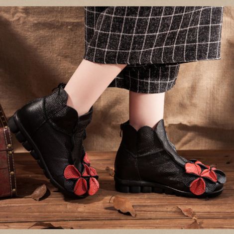 Handmade Flower Shoes Retro Leather Ankle Booties