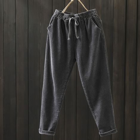 Corduroy Elastic Waist Pants Straight Trouser Crop Pants