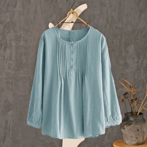 Scoop Neck Pleated Blouse Lovely Button Tunic Shirt