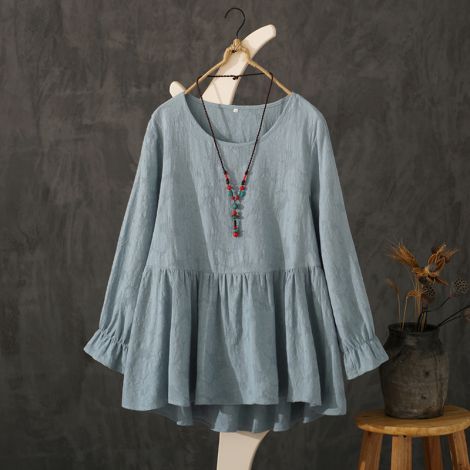 Cotton Tunic Tops Swing Pleated Jacquard Blouse