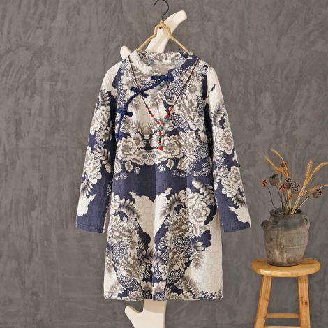 Floral Print Dress Linen Shirt Frog Button Tops Blouse