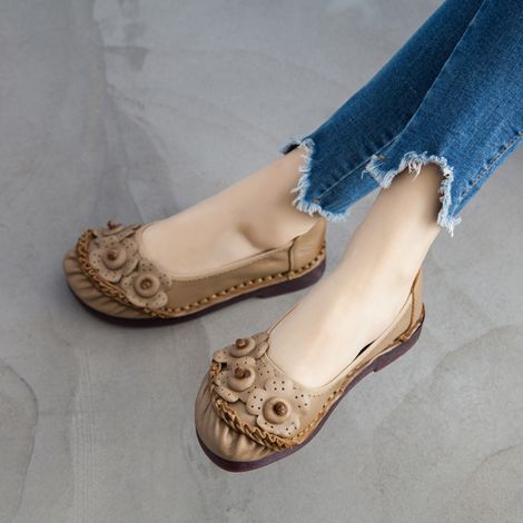 Leather Loafers Flat Shoes Floral Slip On