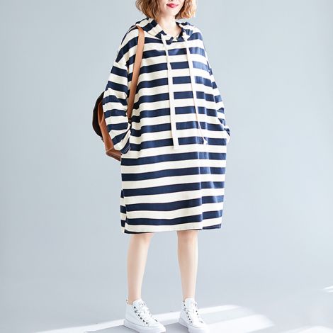 Sripe Knee Long Dress Casual Cotton Long Hoodie