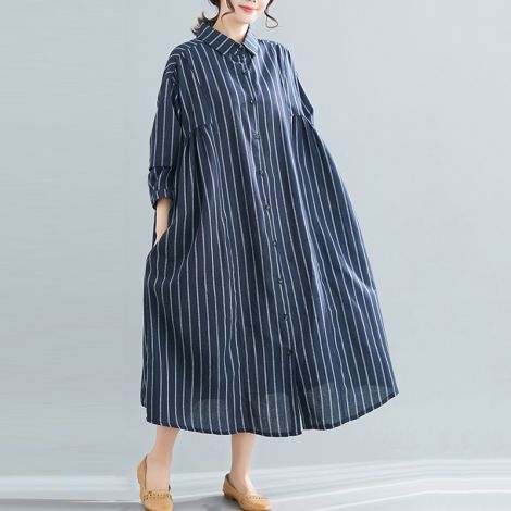Plus Size Striped Blouse Dress Cotton Lightweight Cardigan
