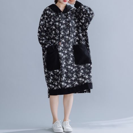 Floral Printed Corduroy Dress Loose Long Hoodie