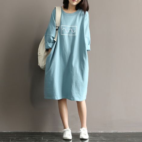 Loose Fit Cotton Solid Knee Long A-line Dress 