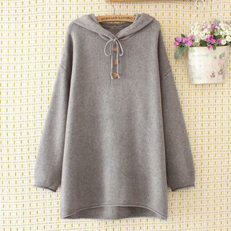Hi-low Hemline Knitted Sweater Solid Loose Hoodie