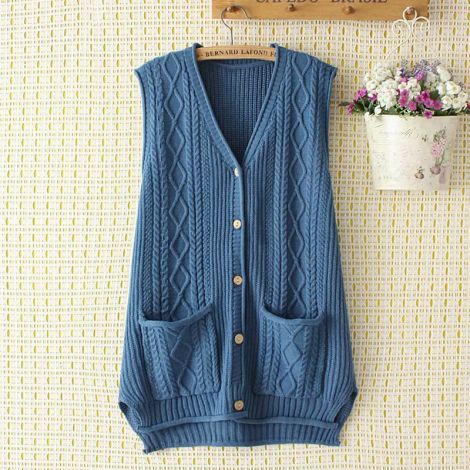V-Neck Sleeveless Cardigan Knitted Hi-low Vest