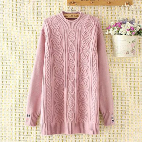 Cartoon Embroidery Knitted Sweater Solid Pullover