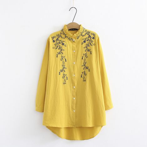 Embroidery Blouses Bottom Down Hi Low Hem Shirt Tops