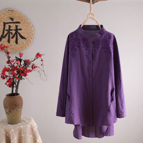 Embroidered Tunic Blouse Hi-Low Cotton Linen Closure Top