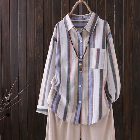Stripe Linen Blouse Casual Button Down Shirt Long Sleeve Top