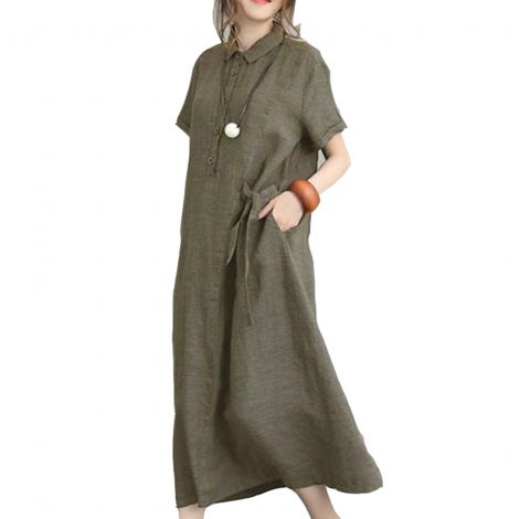 solid colour cotton linen lapel short-sleeved loose pockets women's dresses