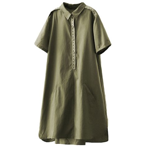 Women's Casual Mid-long Embroidery Dress Stand Collar Shirt Dress