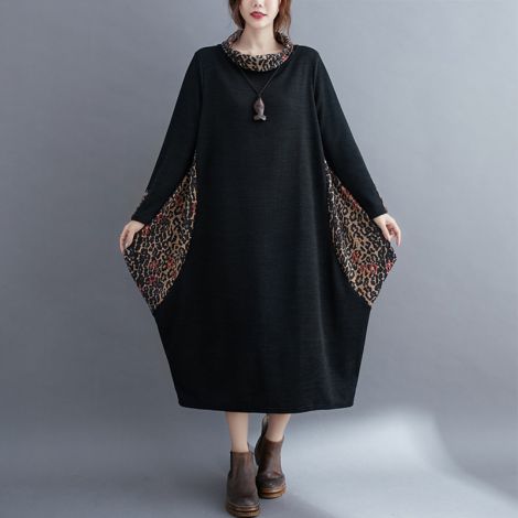 Women's Plus Leopard Print Dress Cotton Long Sleeve Midi Dresses