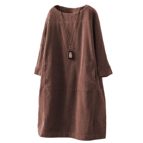 Women's Long Sleeve Dress Casual Corduroy Midi Dress with Pockets