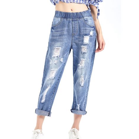 Straight Jeans Distressed Stretch Jumpsuit with Pockets 