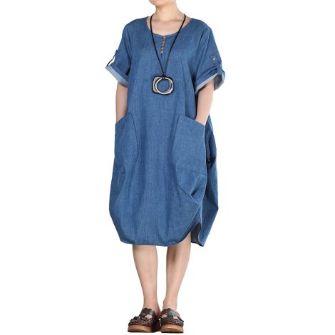 Women's Cotton Linen Dresses Plus Size Summer Roll-up Sleeve Baggy Sundress with Pockets