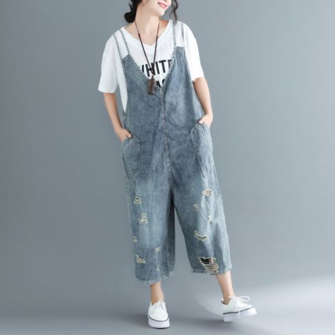 Sleeveless Denim Jumpsuit Pants Loose Overall Dungarees