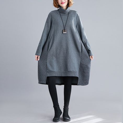 Women's Cotton Turtleneck Dress Casual Long Sleeve Midi Tunic Mid-long Blouse With Pockets