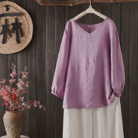 Cotton Linen Loose Tunic Tops With Embroidered Sleeve