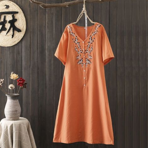 Cotton Linen Embroidered V-neck Loose Dress
