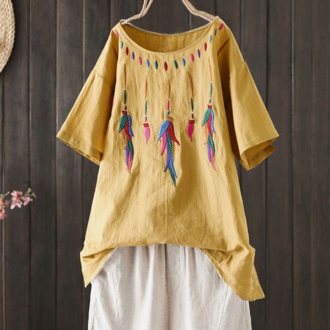Linen Short Sleeve Embroidered Beach Tops