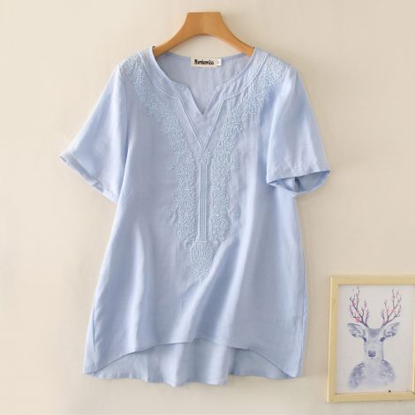 Women's Embroidered Blouse Tunic V-Neck Linen Tops