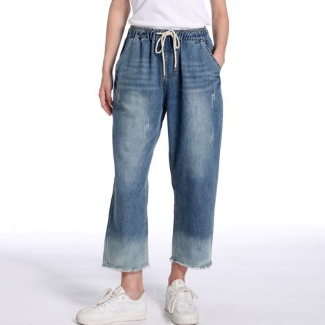 Women's Elastic Waist Cropped Jeans Baggy Drawstring Denim Pants with Pockets
